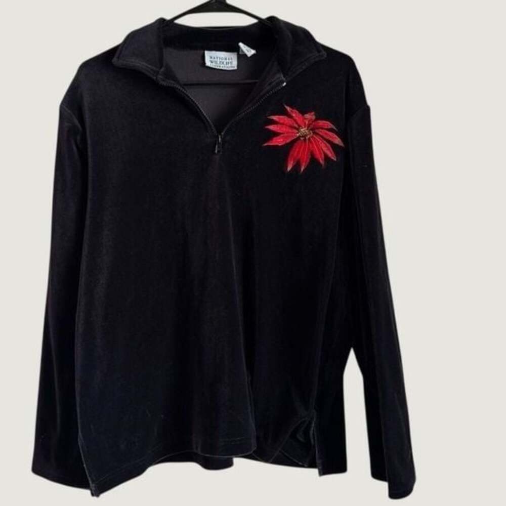 National Wildlife Federation Black Velour Poinsettia Quarter Zip Pullover M